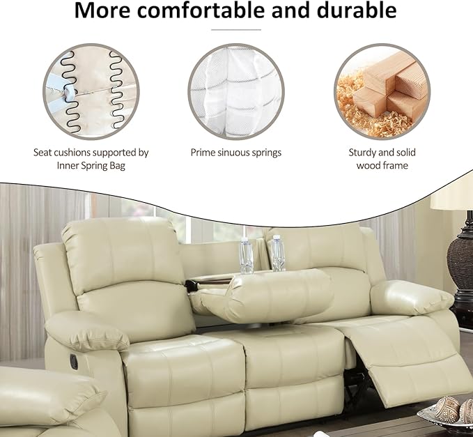 A Ainehome Living Room Furniture Set Leather Recliner Sofa Set Loveseat Chair Furniture Sofa Set for Living Room/Small Space/Rv/House/Office/Theater Seating (A-Beige Leather,Sofa(3seater))