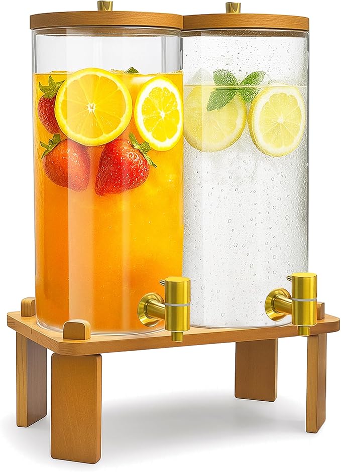 VERSSURE 2PCS Drink Dispenser, 1.5 Gallon Each Glass Beverage Dispenser with Wood Stand and Stainless Steel Faucet Ideal f...