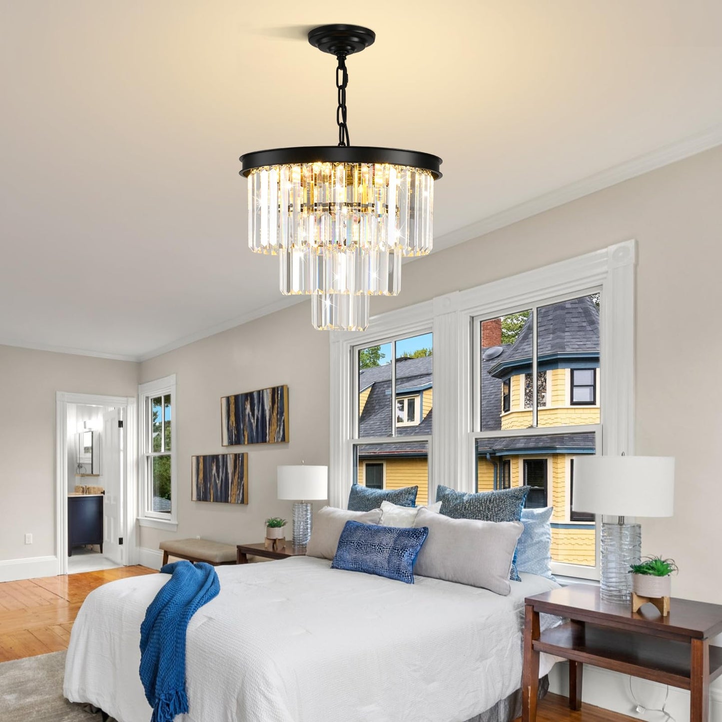 AKDXIRUN Modern Black Crystal Chandelier 3-Tier Round Chandeliers Pendant Ceiling Light Fixture Flush Mount for Dining Room Living Room Bedroom Foyer Hallway Entryway W16