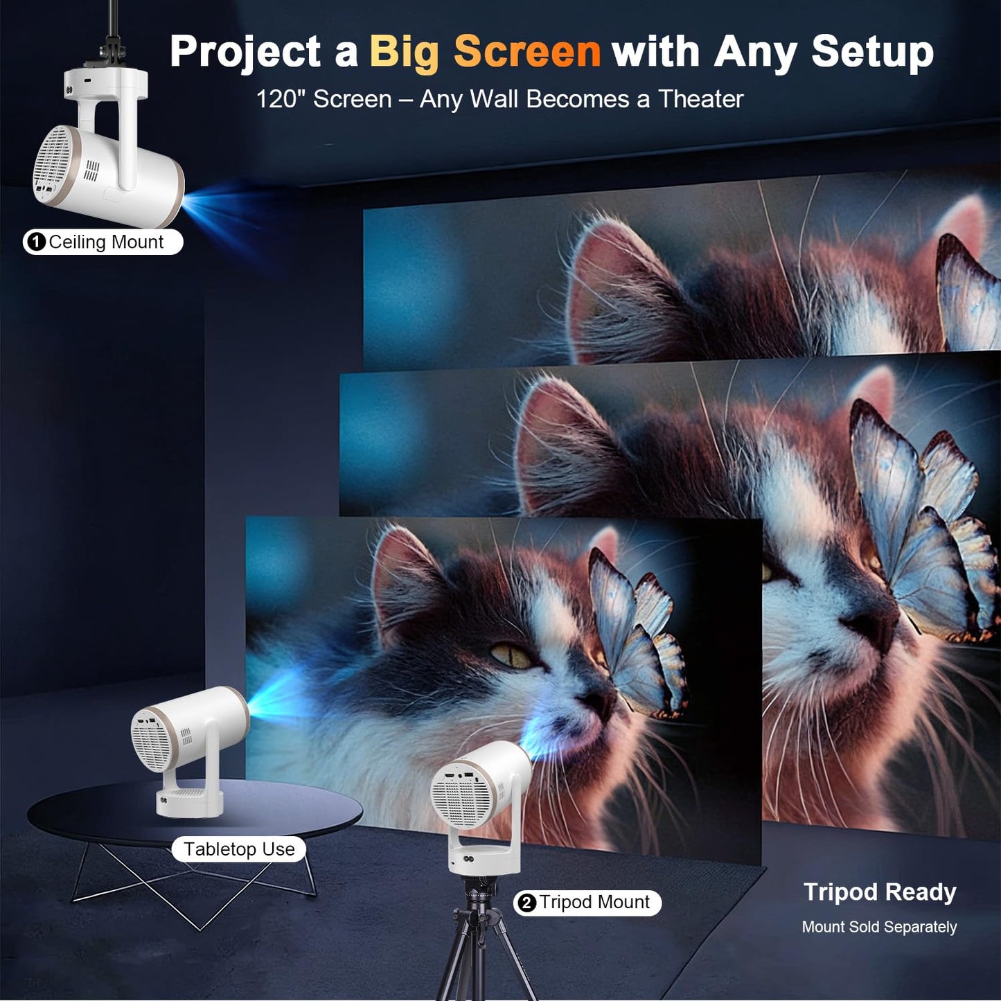 [Built-in Apps] 2-in-1 Portable Projector & LED Night Light, Smart Projector with WiFi and Bluetooth, Supports 4K/1080P, Electric Focus/Enhanced Speaker, Home Movie Projector for Bedroom
