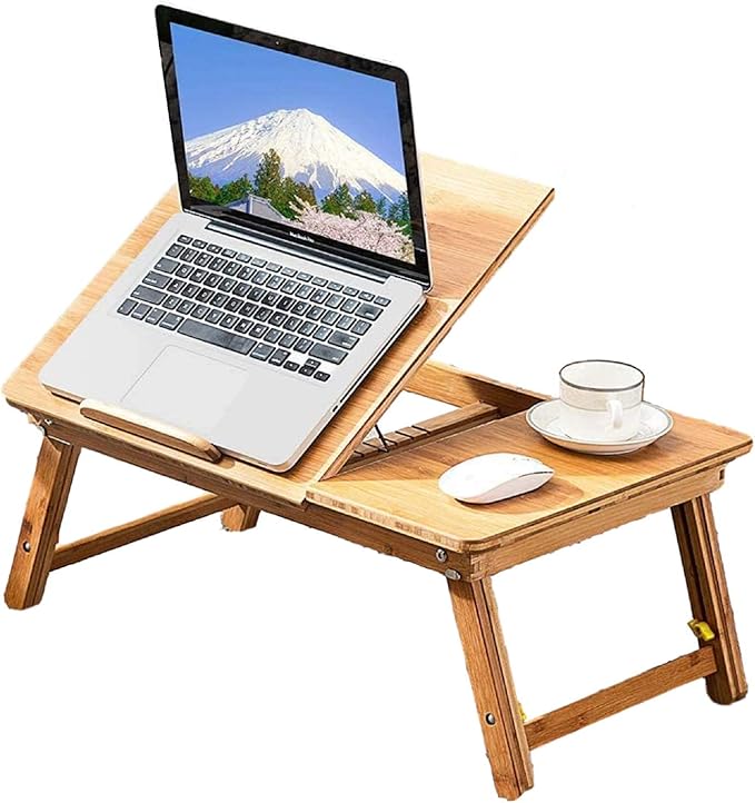 Easy Desk Bamboo Laptop Desk Laptop Table with USB Cooling Fan Adjustable Portable Breakfast Serving Bed Tray Foldable and Drawer, 22” Tilting Tray Top Surface