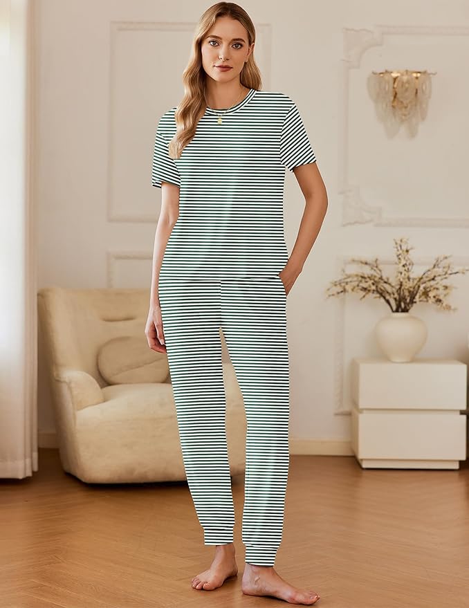 Ekouaer Pajamas for Women Set 2 Pack Lounge Set Short Sleeve Pjs Joggers Long Pants Loungepwear with Pockets