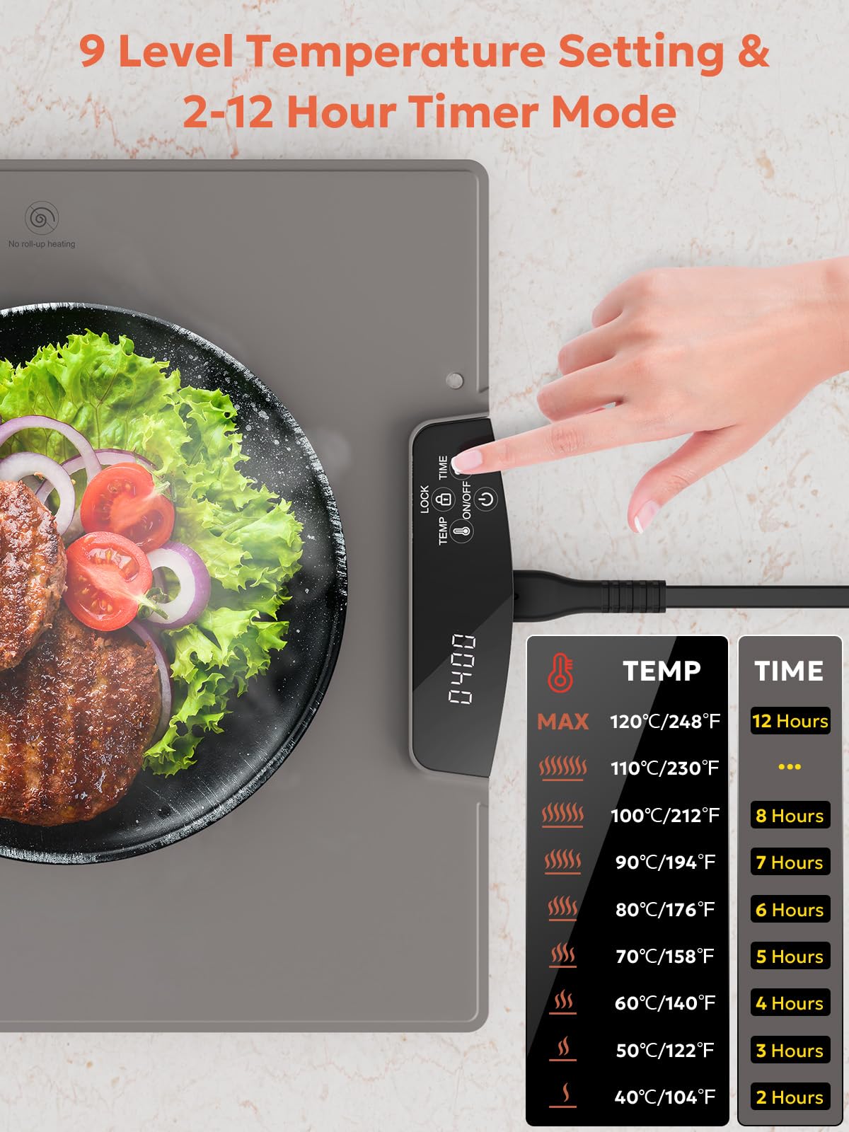 Food Warming Mat, FZF Electric Warming Tray with 9 Adjustable Temperature Level, Safety Child Lock and 2-12H Auto-Off Timer, Silicone Food Warming Mat for Countertop, Parties, Gatherings, Everyday Use