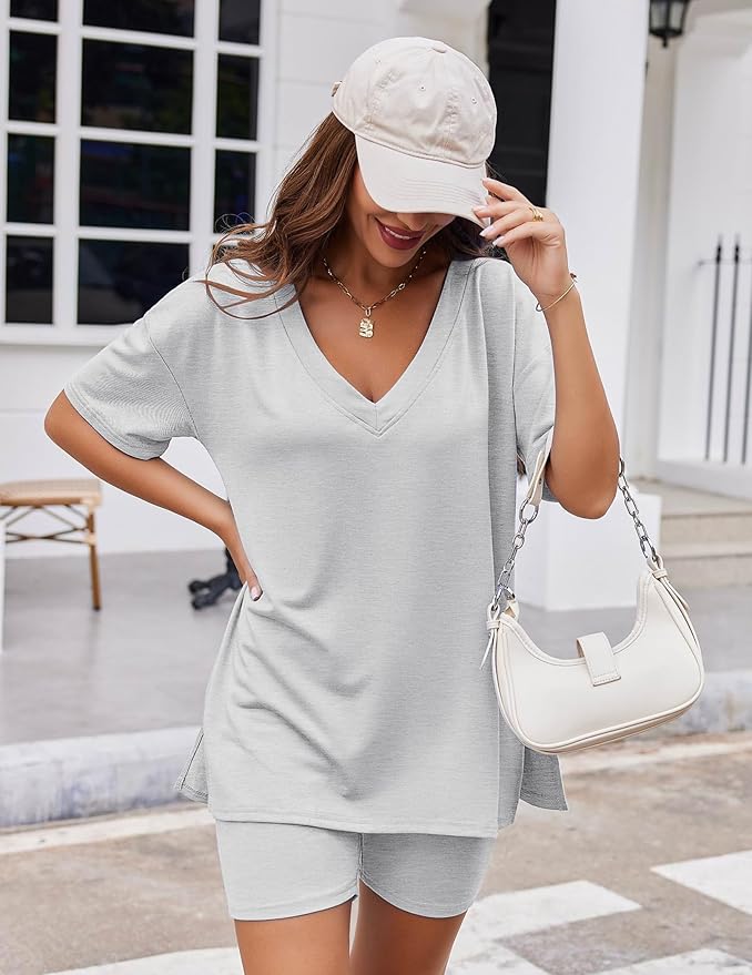 Ekouaer Womens Pajamas 2 Piece Lounge Sets Oversized V Neck T-Shirts Tops Biker Shorts Set Workout Reversible Tracksuit S-XXL