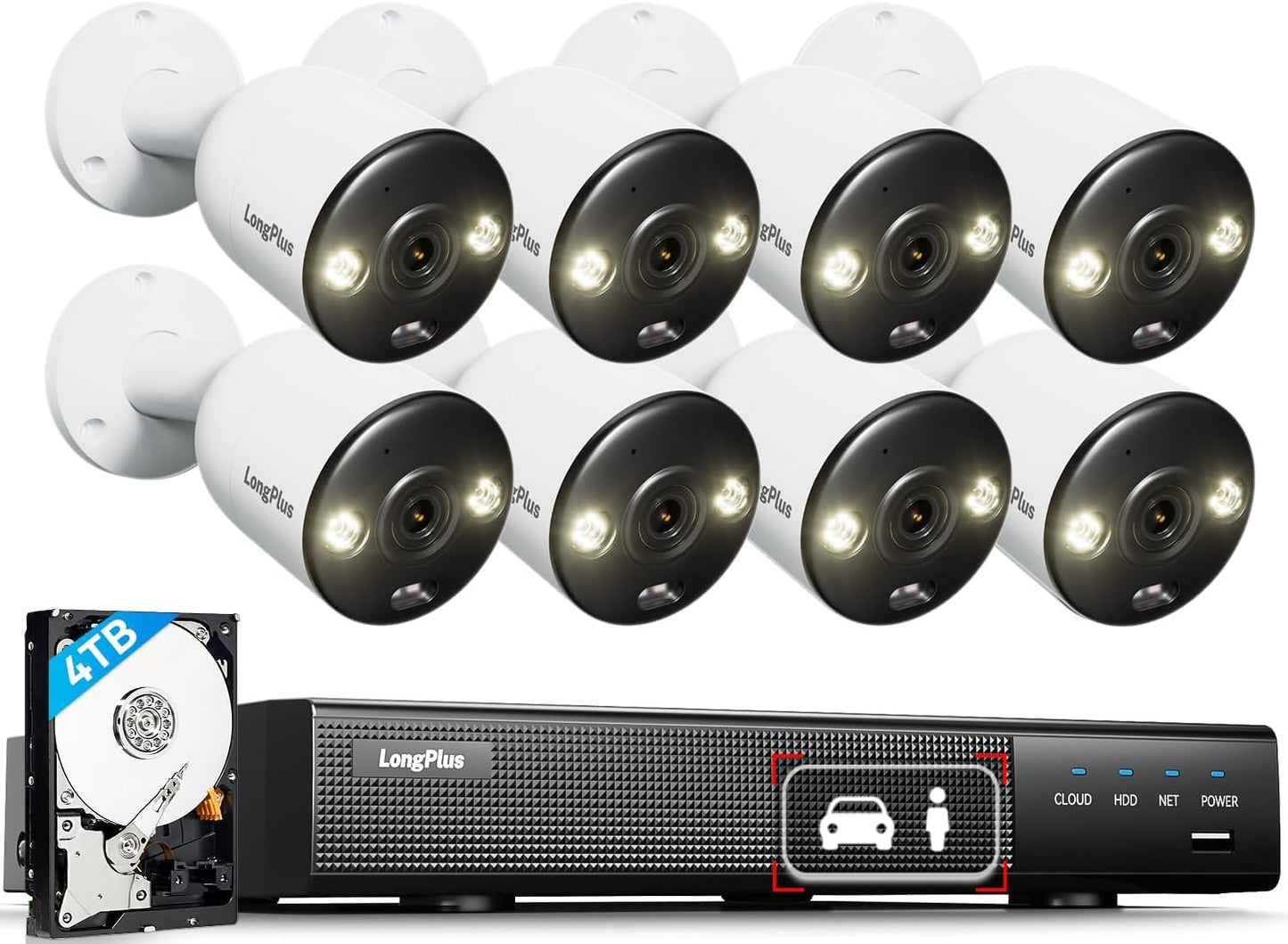 LongPlus 12MP Security Camera System, 12MP H.265+ PoE Home Security Camera System, Spotlight Color Night Vision, Person Vehicle Detection, 16CH NVR 4TB HDD, LP12MEF8B1