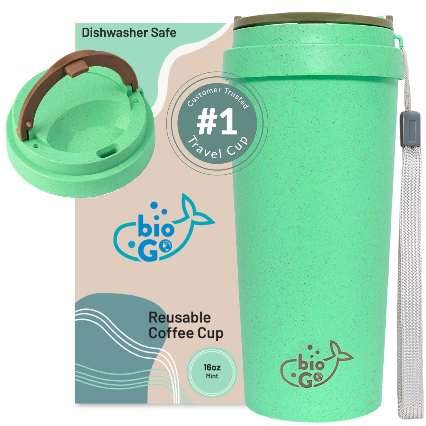 bioGo 16oz Cup, Rice Husk Fibre, BPA-Free, Double Wall Insulation Reusable Coffee Cups, On-The-Go Travel Mug, Screw Tight Lid, Textured Grip, Ultra Lightweight Coffee Cup (Mint, 16oz)