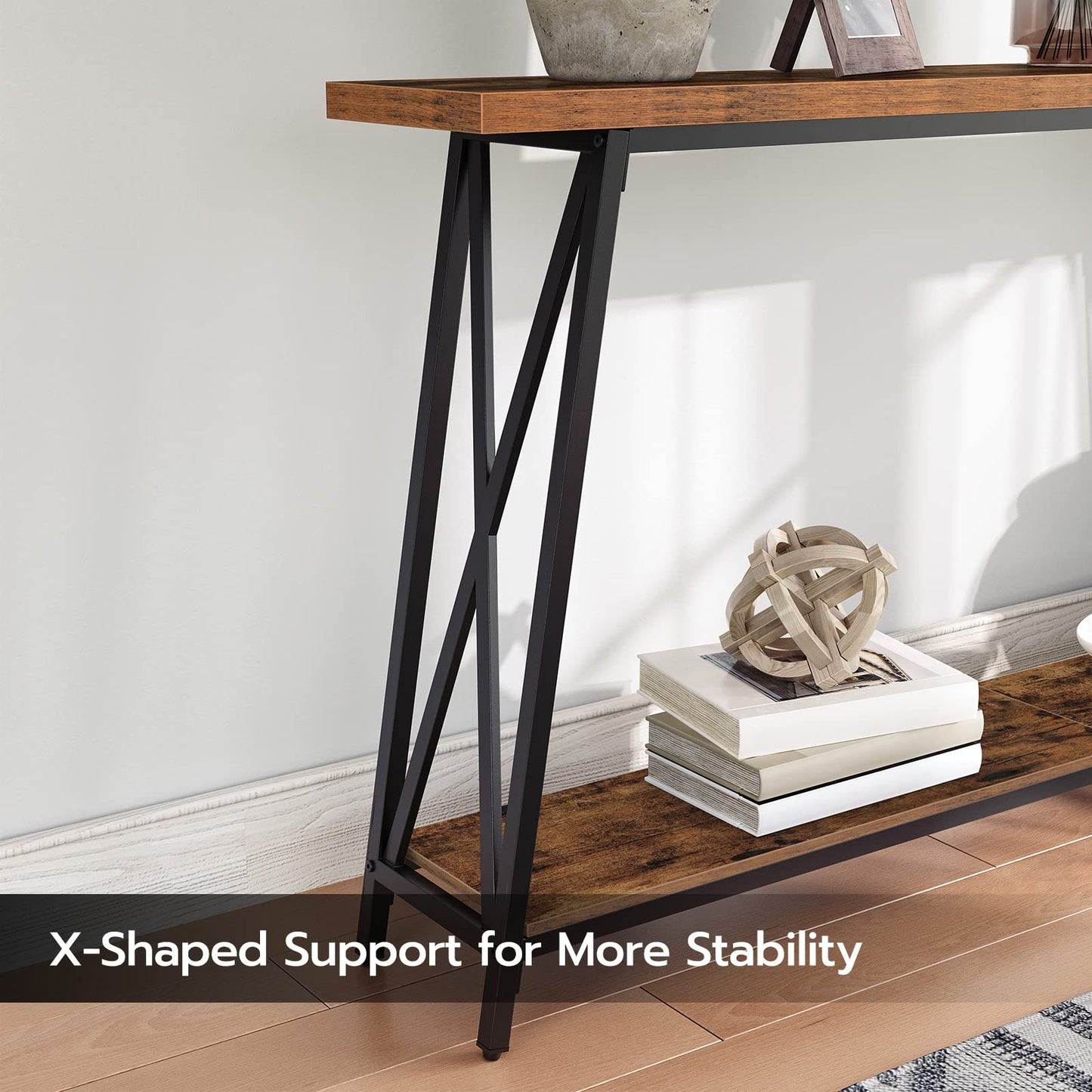 MAHANCRIS Console Table, 63" Industrial Entryway Table, Extra Long Sofa Table Behind Couch, X-Shaped Support, for Entryway, Hallway, Living Room, Rustic Brown CTHR4801Z
