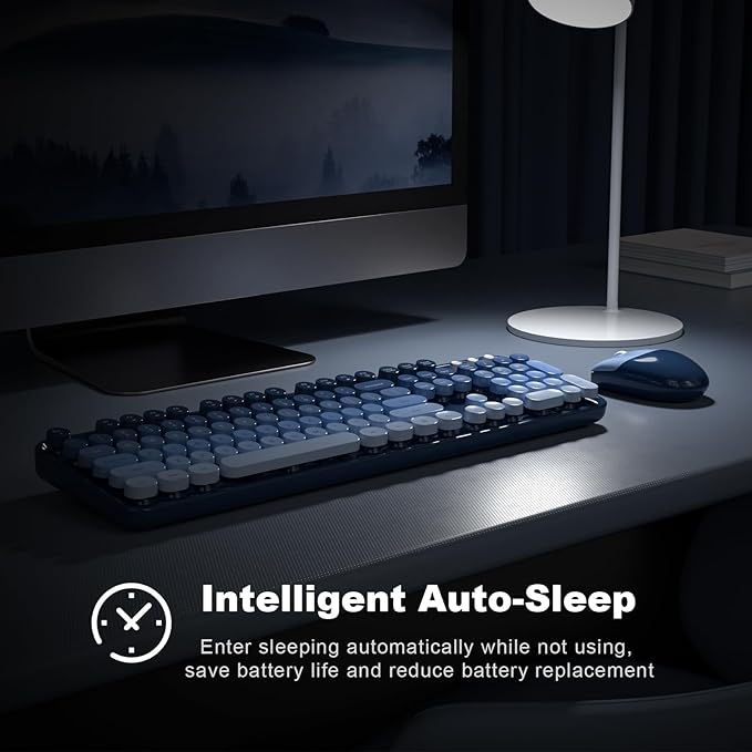 MOFII Wireless Keyboard and Mouse Combo, Full-Size Retro Typewriter Keyboard with Round Keycaps, Ergonomic Design for Windows 7 8 10 11 PC Laptop, Home and Office Use -Blue