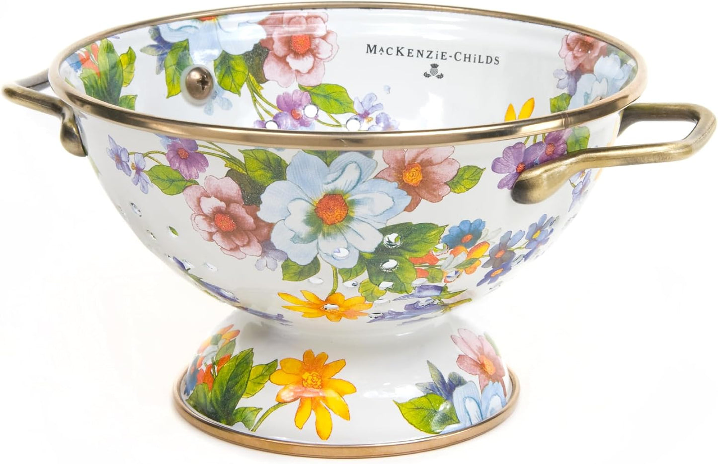MACKENZIE-CHILDS Enamel Colander, Decorative Kitchen Strainer, Small, White Flower Market
