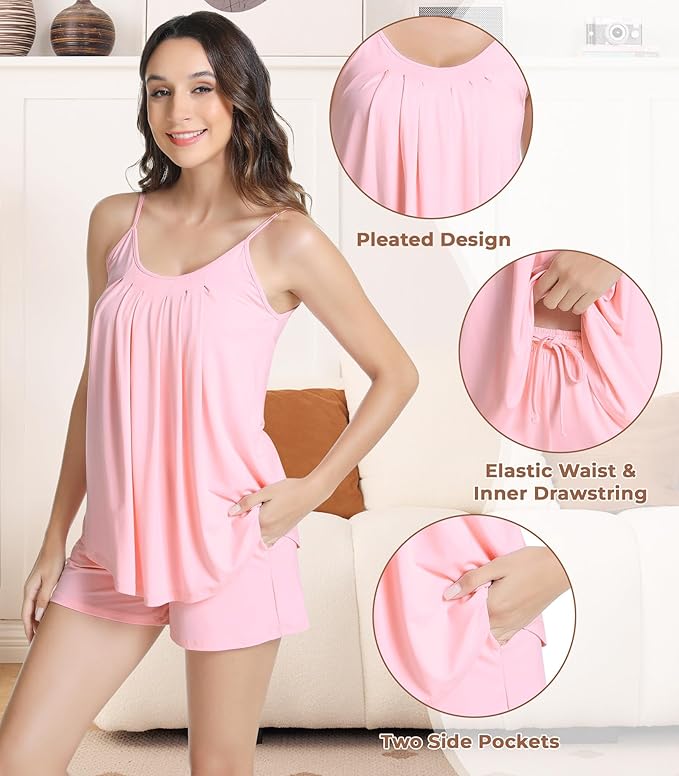 NACHILA Pajamas for Women-Viscose from Bamboo, Ribbed Racerback Tank Top Sexy Split Shorts Pajama Sets Cooling Sleep Cami Pjs