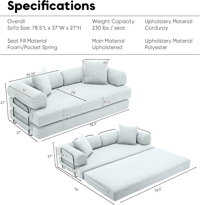 ZEIINPA Convertible Sleeper Sofa Bed, Folding Floor Sofa Bed with Fixed-Shape Frame, Corduroy Floor Sleeper Sofa with Storage Pocket, Futon Boneless Sofa Couch for Living Room, Mint Blue