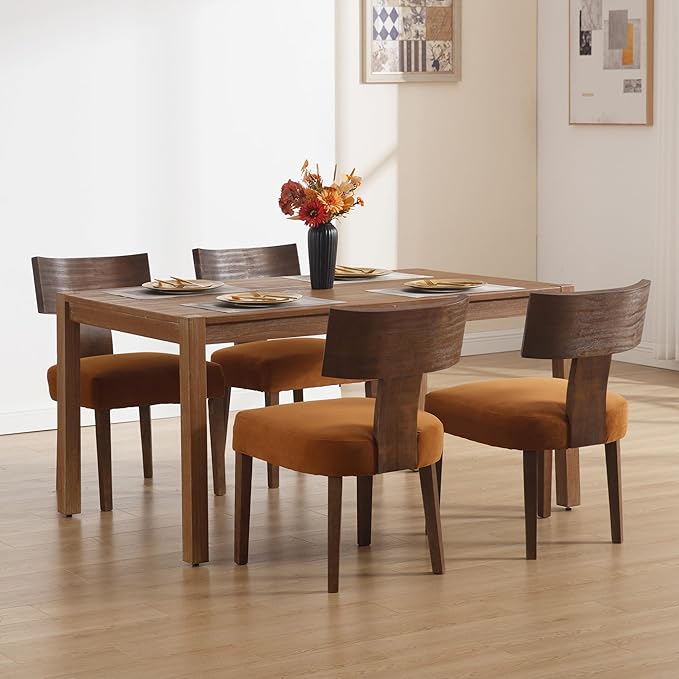 DM Furniture Velvet Dining Room Chairs Set of 4, Mid Century Modern Armless Side Chair with Solid Wood Legs and Curved Backrest for Living Space, Brown