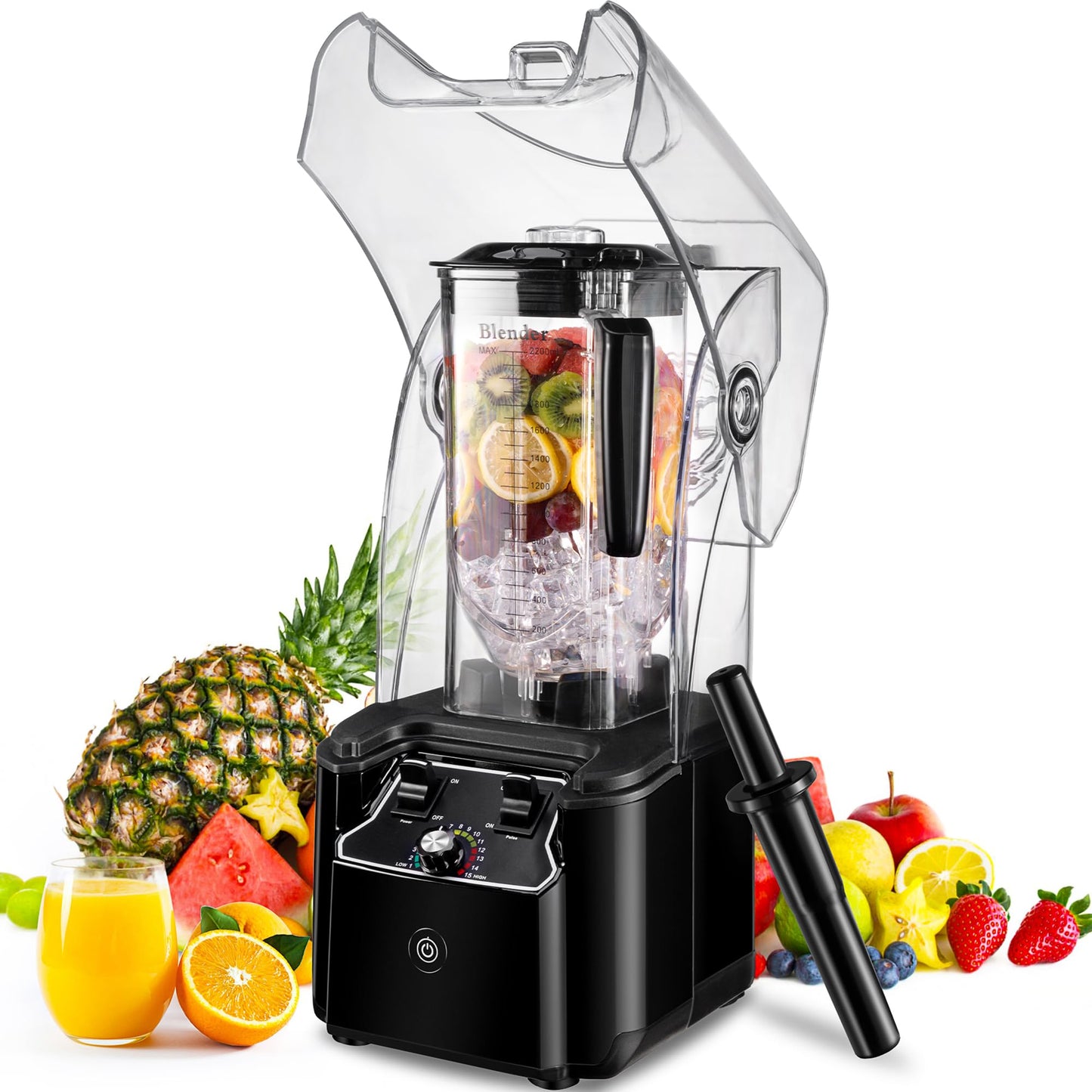 Commercial Blender for Smoothies 2200W with Soundproof Cover,2200 ML,15 Speeds,6-leaves Stainless Steel Blade,Heavy Duty Blender for Restaurant,Ice Crush,Shakes (Black)