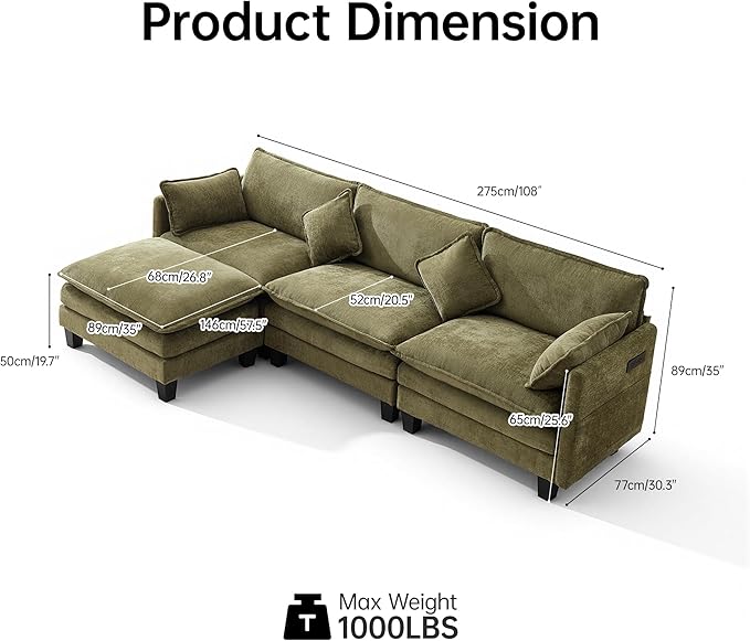 Opiesit 108" Modular Sectional Couches for Living Room with Ottoman, L Shaped Cloud Couch with Charger, USB & Type-c Port, Comfy 4 Seats Sofas with Deep Seat, Chenille Fabric, Green
