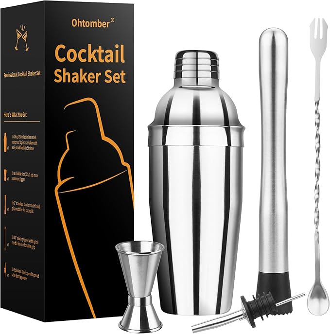 Ohtomber Cocktail Shaker Bartender Kit - 5PCS Cocktail Martini Shaker with Strainer, Muddler, Bar Spoon, Measuring Jigger ...