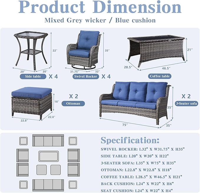 Belord Wicker Patio Furniture Sets - 13 Piece Outdoor Rattan Furniture Conversation Sets with 4 Swivel Rocker Chairs, 2 Rattan Sofas, Wicker Ottomans and Coffee Table, Mixed Grey/Blue