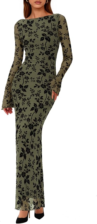PRETTYGARDEN Women's Floral Bodycon Maxi Dress 2026 Spring Elegant Mesh Long Sleeve Formal Wedding Guest Cocktail Dresses