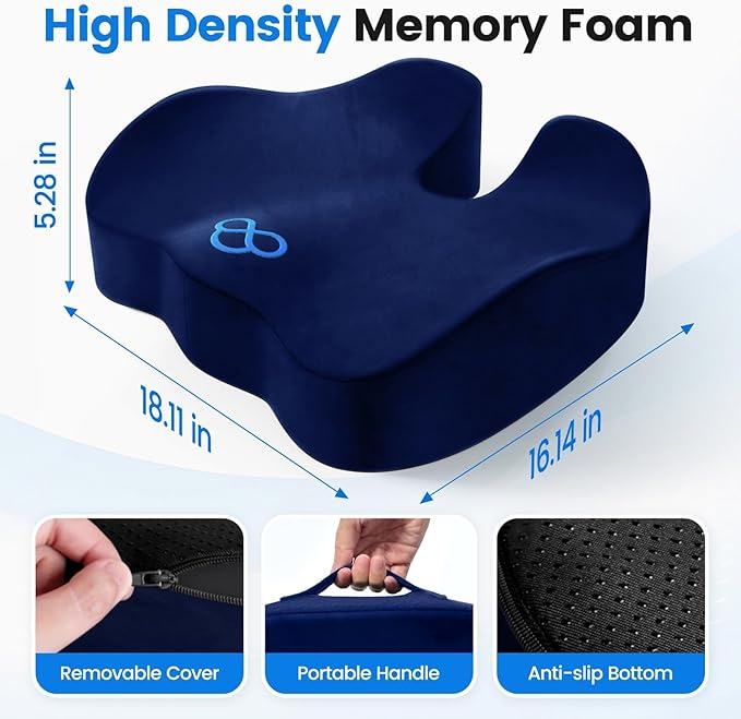SofterCharm Seat Cushion with Carry Handle, Memory Foam for Tailbone/Sciatica Easing, Chair Cushions for Cars, Desks, Office Chair Cushion with Non-Slip Design, Ideal for Post-Surgery Recovery (Blue)