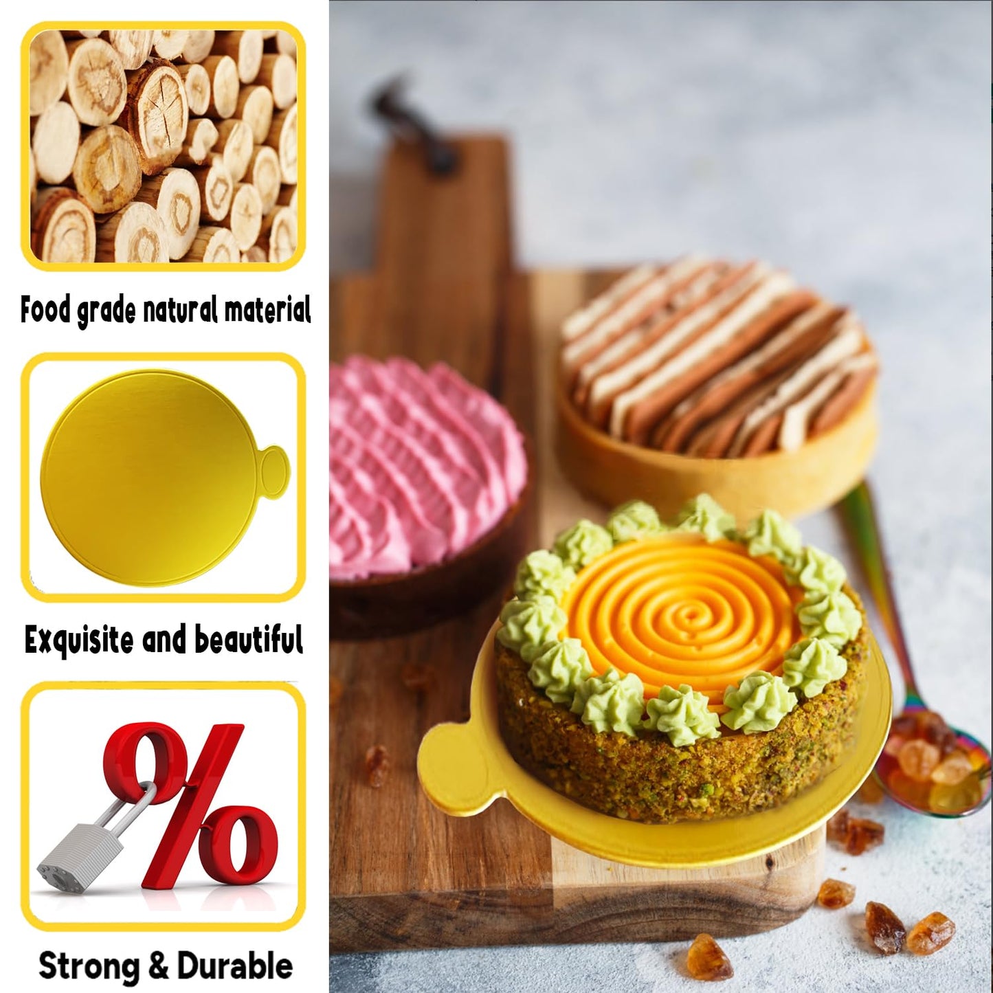 CEWIFO Mini Cake Boards, Gold Cake Boards 100 Pcs Food-Graded Cake Base, Gold Circle Base 3.1 inch Round Paper Cupcake Dessert Displays Tray for Cake DIY, Baking Dessert Party Wedding Birthday