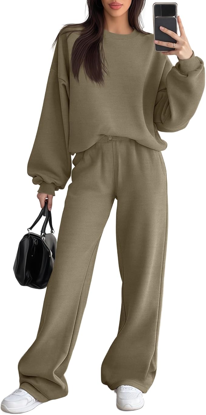 Sweetyweee Women's 2 Piece Outfits Set Fleece Lined Lounge Sweatsuit Crewneck Pullover Top Wide Leg Pants Casual Tracksuit