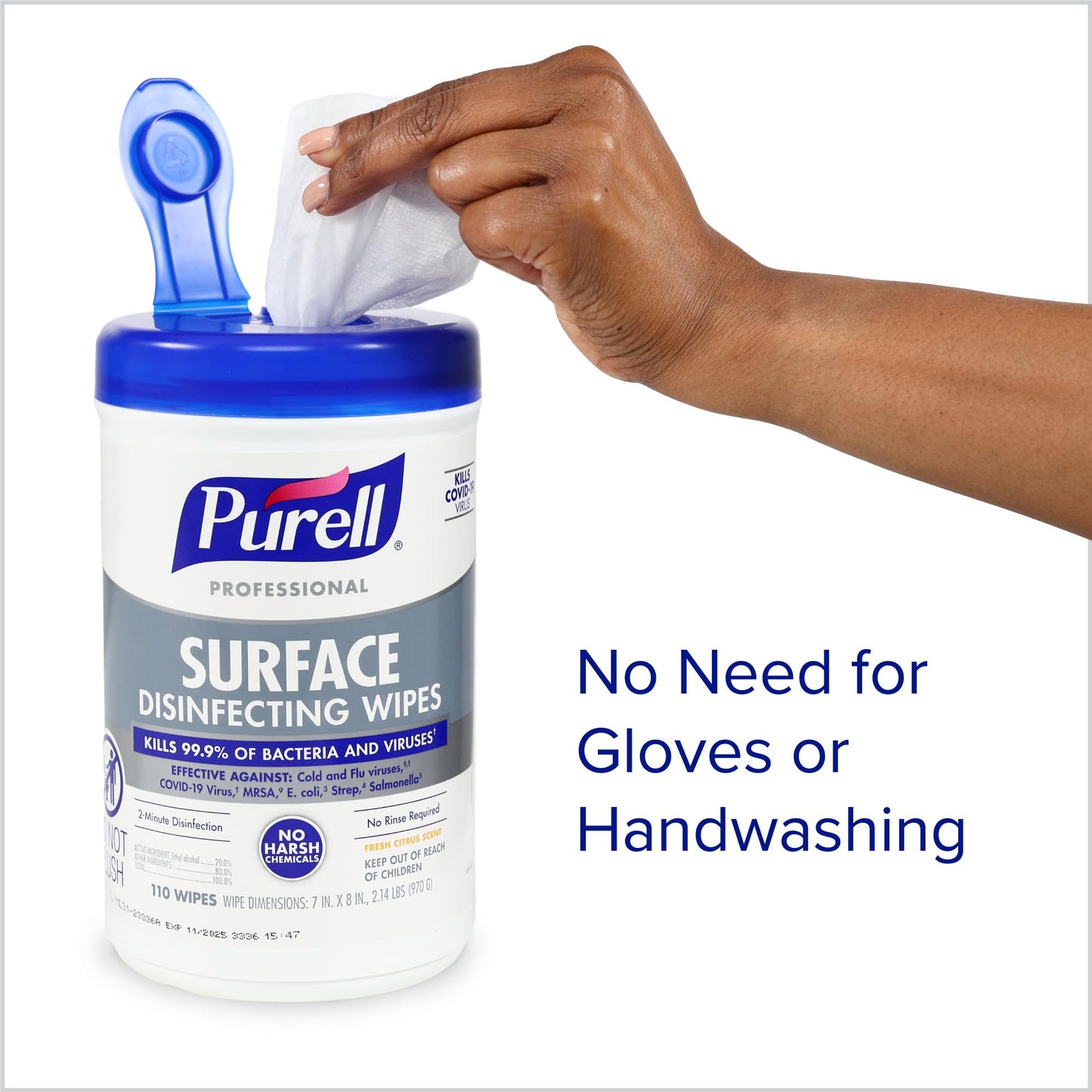 PURELL Professional Surface Disinfecting Wipes, Citrus Scent, 110 Count Canister, 7"x 8" Wipes (Pack of 6) - 9342-06