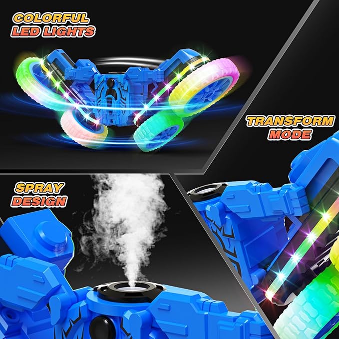 RC Cars Toys, 2-in-1 Remote Control Car Transform 4WD with Spray & LED Lights, 2.4GHz Off-Road Stunt Truck for 360° Flips Gift for Boys Age 8-12 (Blue)