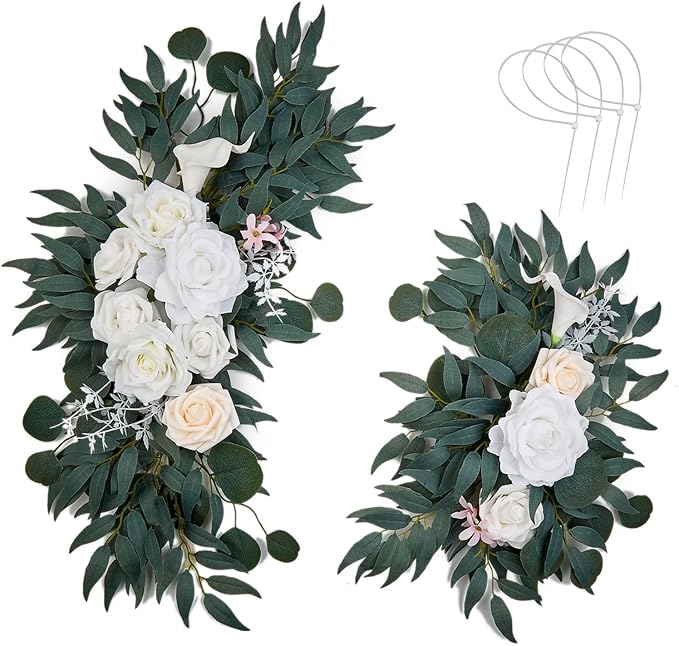 AitnWoy Artificial Wedding Arch Flowers Kit 2 Pcs Dust Rose Flowers Silk Peony Floral Swag Welcome Sign for Wedding Ceremony Party Home Garland Decor