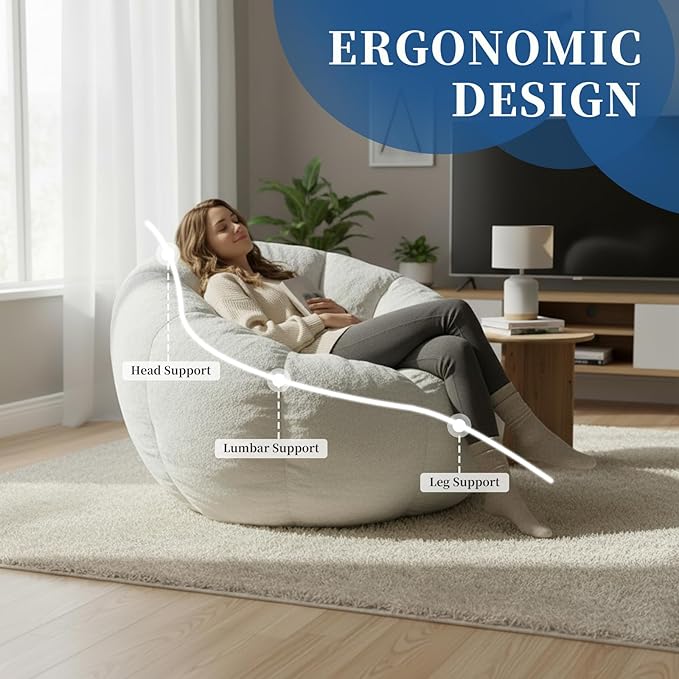 Giant Bean Bag Chair for Adults – Large Comfy Stuffed Sofa Seat with Spacious Design for Reading, Gaming, or Relaxing (Beige)
