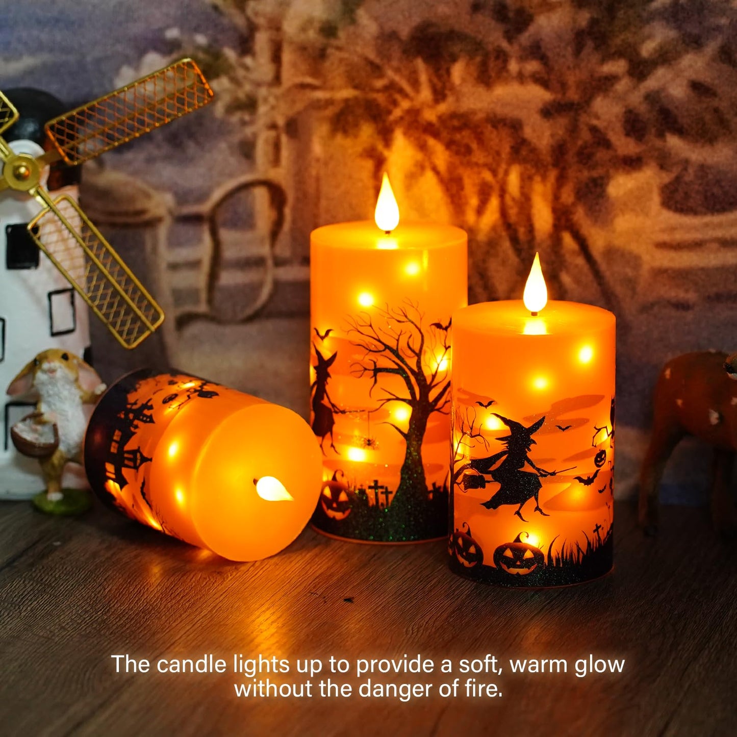 Sasigeiaa Halloween Flameless Candles with Remote - Orange LED Candles & String Lights, Battery Operated Set of 3 (D3 x H4/5"/6") for Window Decor, Halloween Decoration,Living Room Decoration
