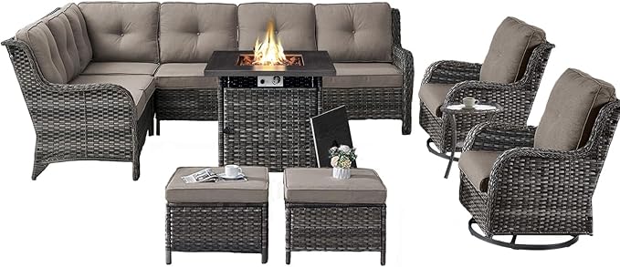Belord Outdoor Sectional Furniture Sofa Set with Propane Fire Pit Table, Wicker Patio Conversation Set with 2 Swivel Rocker Glider Chairs Grey Cushion Perfect for Backyard Casual Gathering