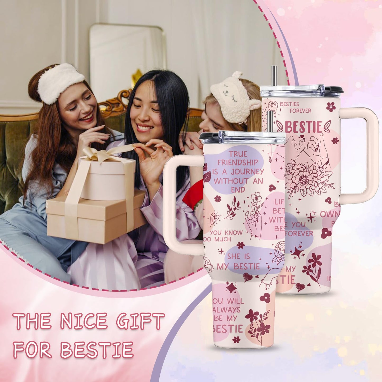 Uibunoo Bestie Gifts for Women, 40 Oz Bestie Stainless Steel Tumbler with Handle & Straw, Friends Tumbler, Bestfriend Gift, Bestfriend Birthday Gift, Friends Cup for Her Women Bff Female, 1 PCS