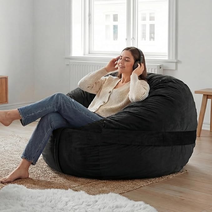 YuppieLife Large Foam Filled Bean Bag Chairs for Kids Teenagers Adults Living Room Gaming Relaxing 4F Machine Washable Lazy Sofa（Black