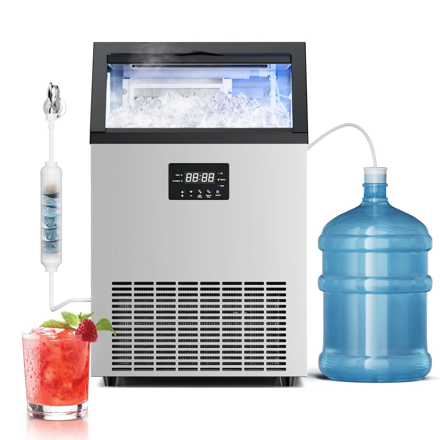 Commercial Ice Machine 150 LBS/24H with 50 LBS Storage Bin, Ice Cubes Ready in 5-15 min, Stainless Steel Industrial Ice Maker, Self-Cleaning, Timing Function, Adjustable Ice Thicknesses