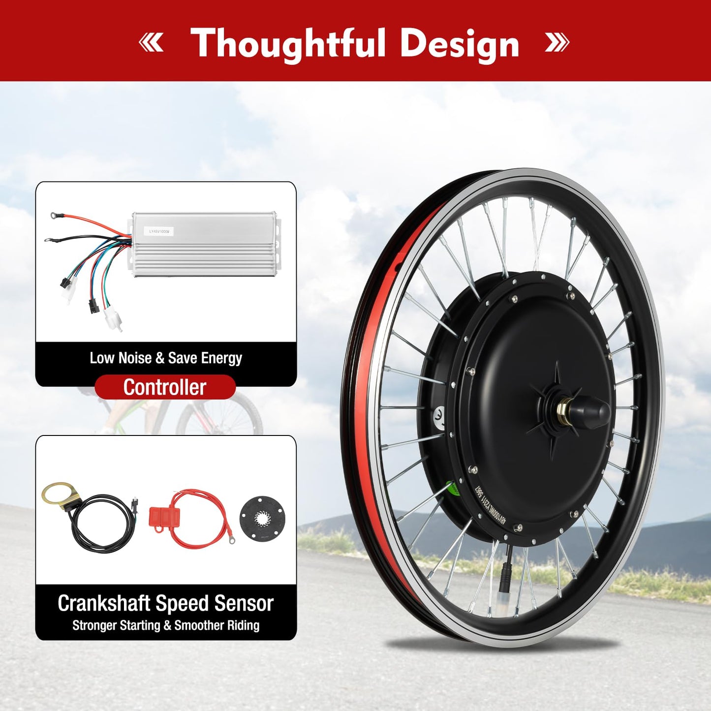 LKSNBDR 48V Electric Bicycle Front Wheel Conversion Kit, 20" Front Wheel Hub Electric Bike Conversion Kit, 1000W E-Bike Wheel Kit Upgrade Controller Brushless Motor Ebike Bicycle Wheel