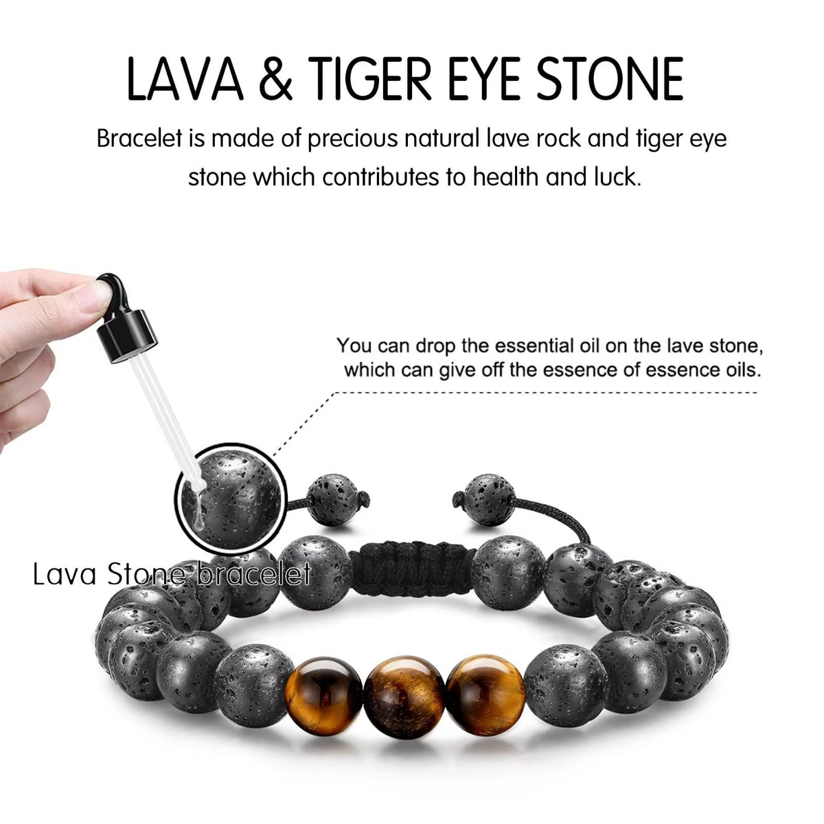 STORUP Bracelets Gifts for Men - Initial Bracelets for Men 8mm Tiger Eye Lava Rock Stone Obsidian Bracelet Handmade Initial M Me
