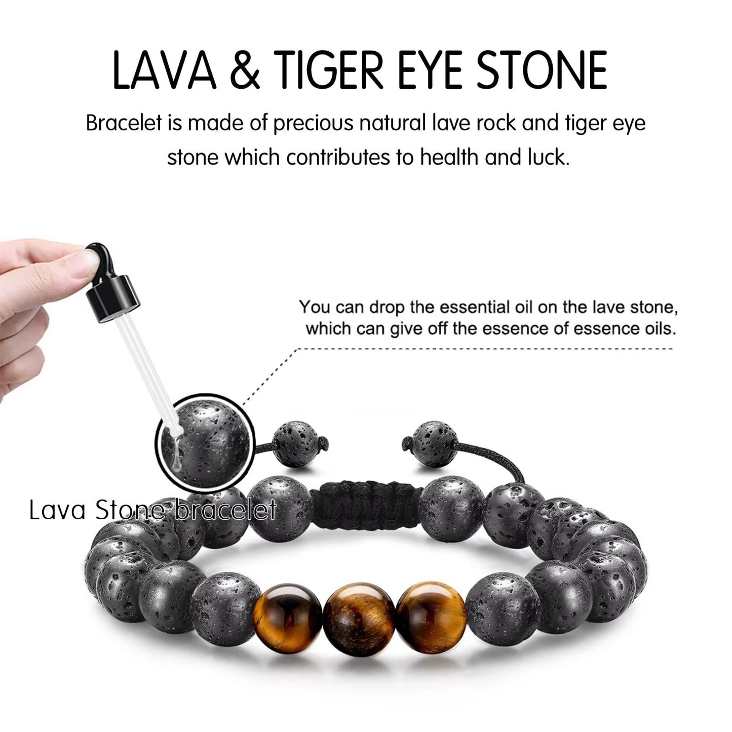 STORUP Bracelets Gifts for Men - Initial Bracelets for Men 8mm Tiger Eye Lava Rock Stone Obsidian Bracelet Handmade Initial K Me