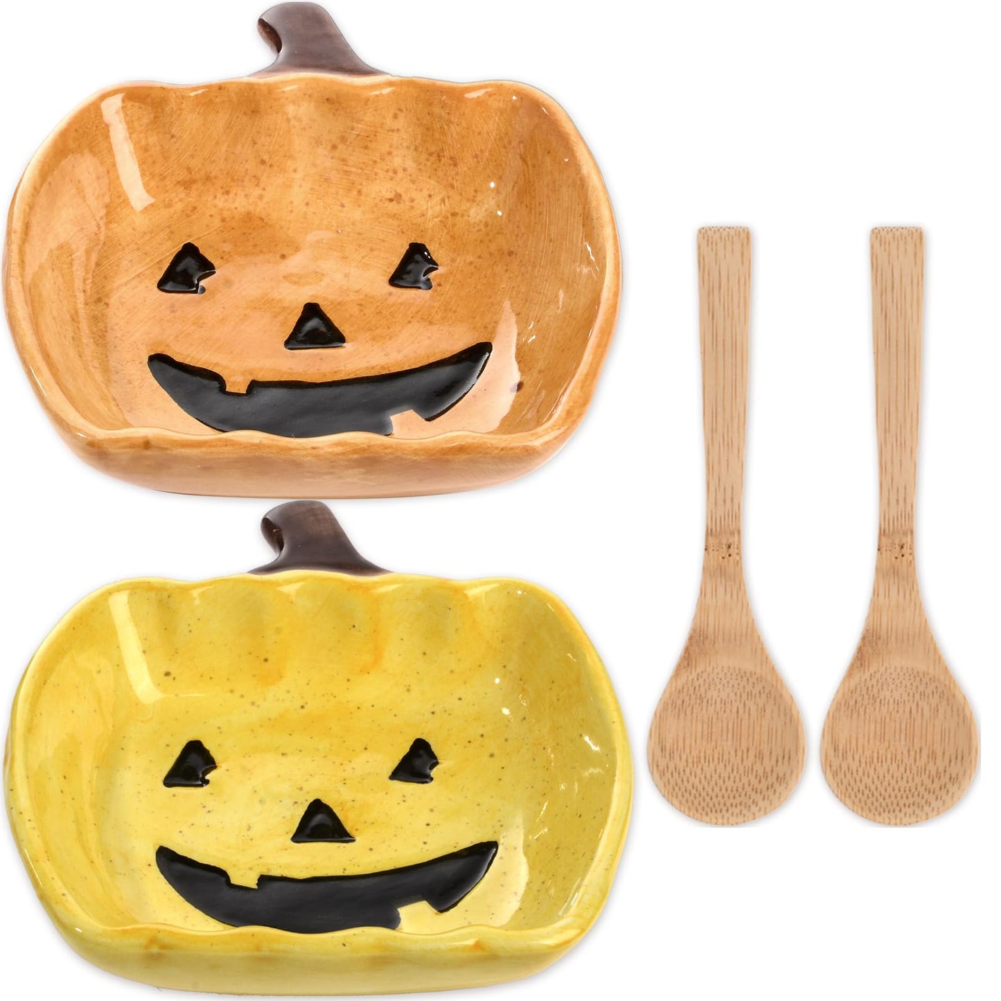 Pumpkin Ceramic Candy Bowl Set with Wood Spoon - Trick or Treat Candy Dish Holders for Halloween Parties
