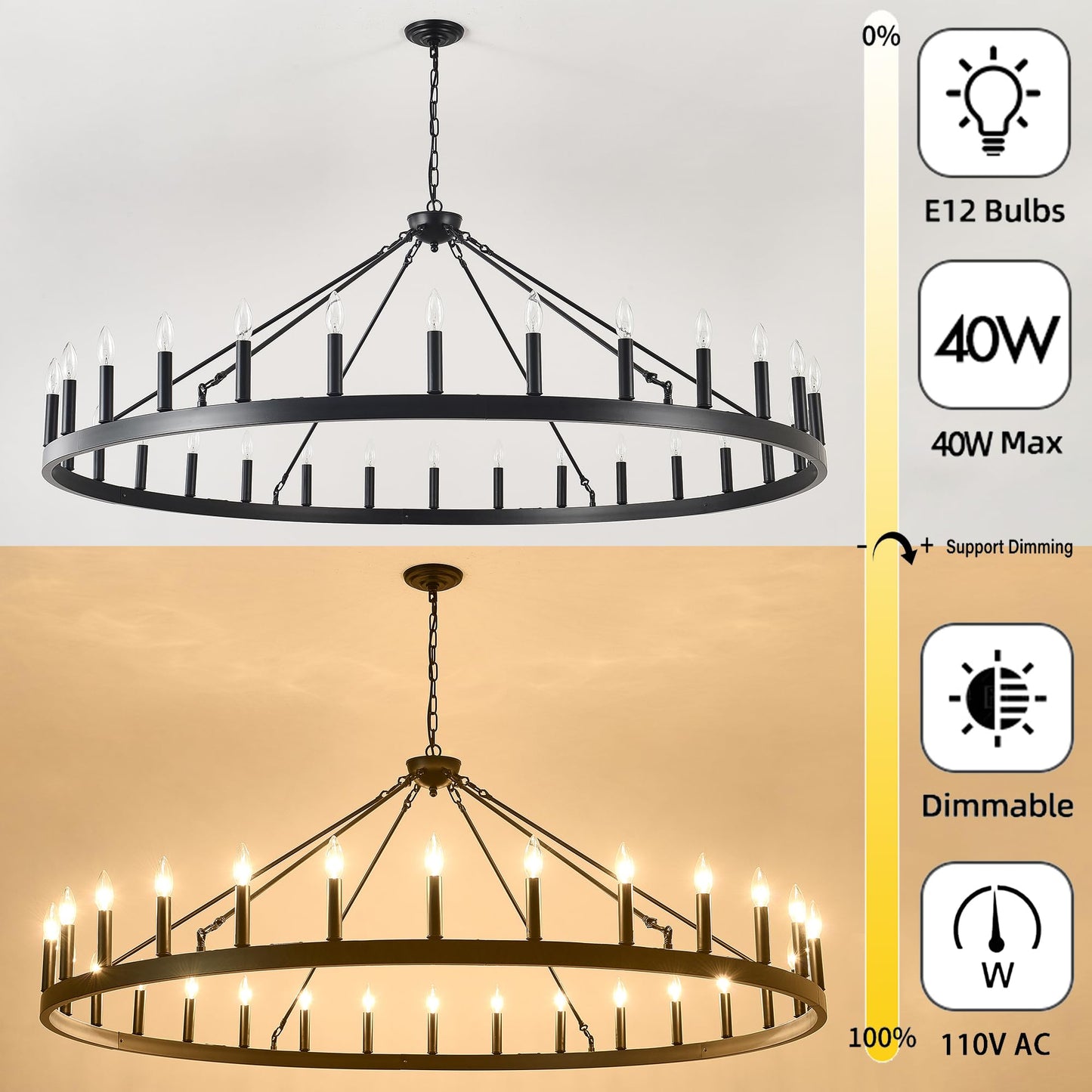 ZBMYRBZJ Large black wagon wheel chandelier 64 inch,30-Light Farmhouse wagon Wheel Chandeliers Round Industrial ceiling light fixtures for outdoor porch high ceilings Living Dining Room Foyer Entryway