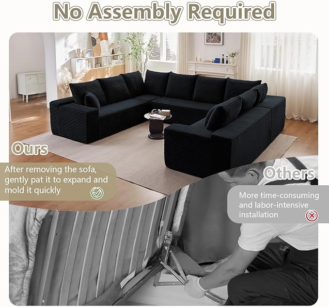 Sectional Cloud Couch for Living Room, Modular Floor Deep-Seat Sofa, Big Comfy Corduroy Couches Set with Fluffy Memory Foam, Stupendous U Shaped Sofas with 12 Pillows, No Assembly Required, Black