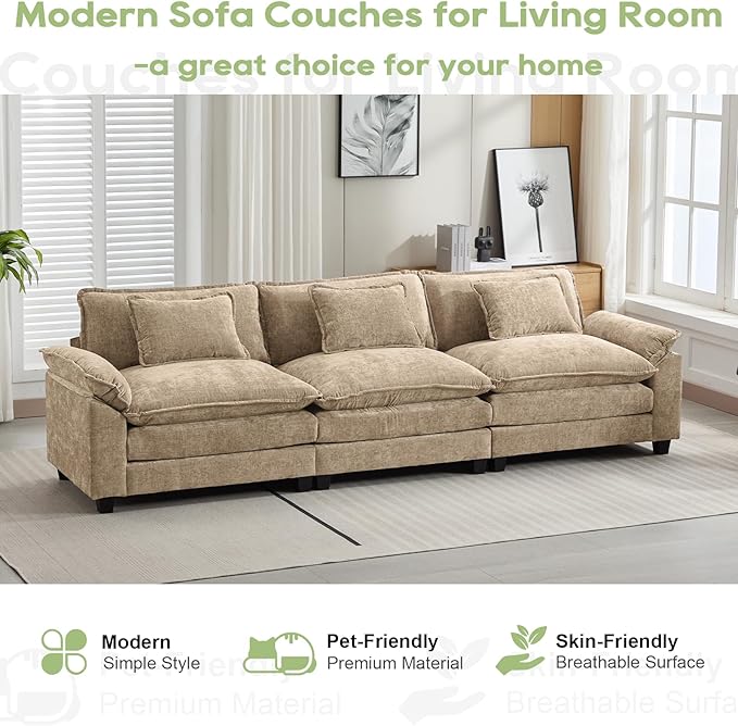 Oprisen 120" Modular Sectional Sofa, Comfy Cloud Couch Sectional, Chenille Sofa Sleeper Deep Seat Sofa with Throw Pillows for Living Room (Khaki, 120"- 3 Seater)