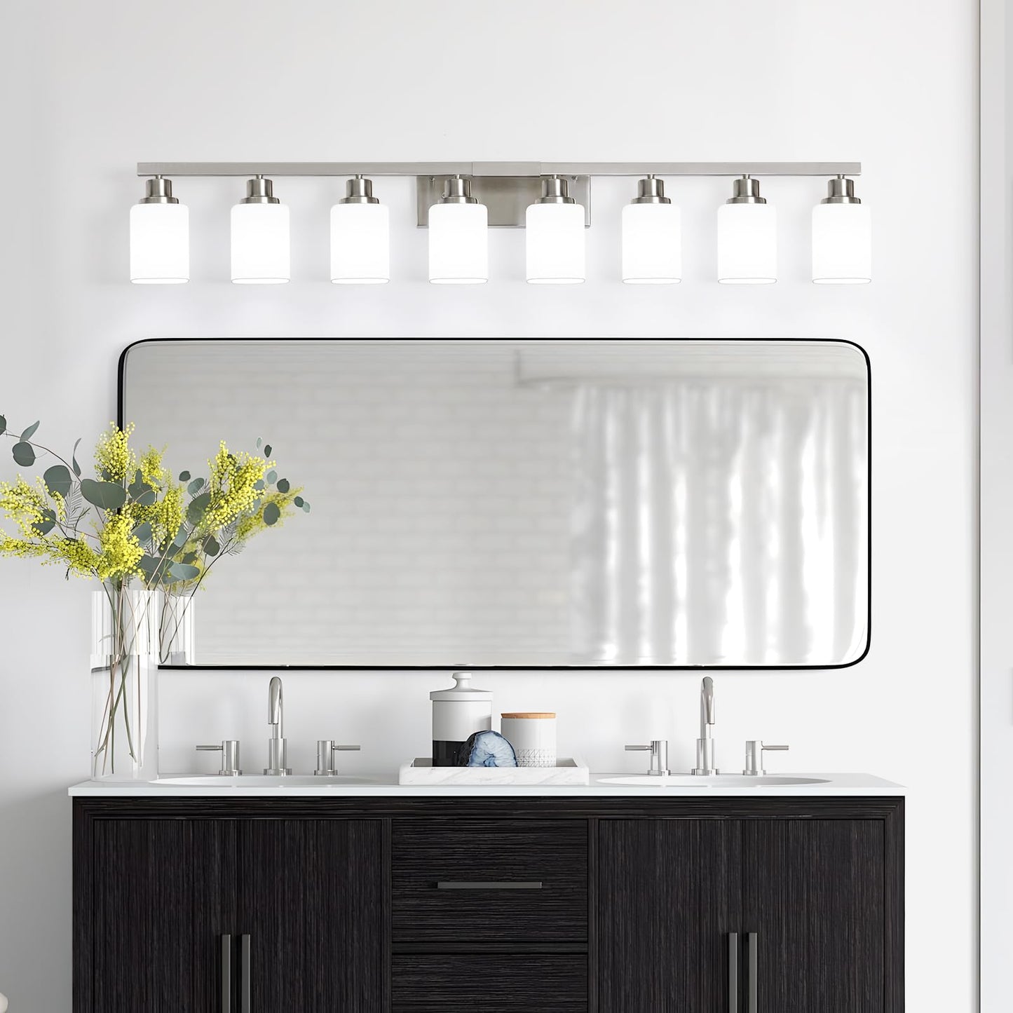 DIKAIDA 8-Light Bathroom Vanity Light,Brushed Nickel Vanity Lights with Square Frosted Glass,Modern Wall Lights Fixtures Over Mirror,Wall Sconces Lighting for Bedroom Living Room,E26