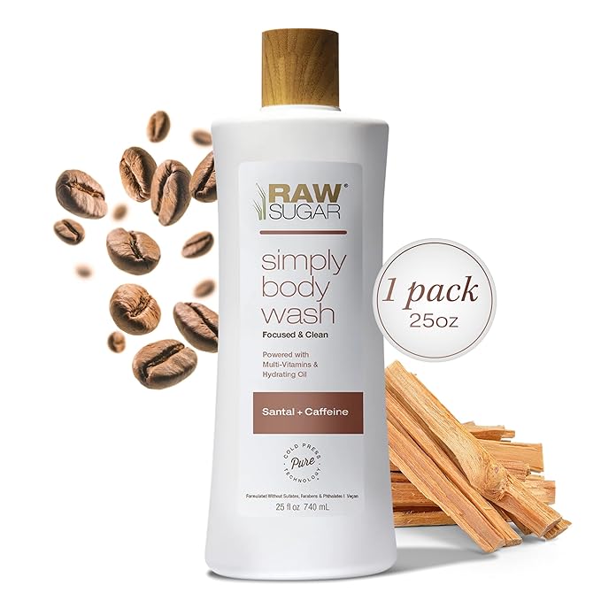 RAW SUGAR Simply Body Wash - Santal + Caffeine, Moisturizing & Soothing Bath & Shower Gel, Sulfate-Free, Paraben-Free & Vegan (25 Fl Oz, Pack of 1)