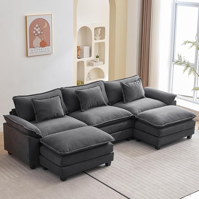 Oprisen 120" Modular Sectional Sofa, Comfy Cloud Couch Sectional Sofa with Ottoman, Chenille Sofa Sleeper Deep Seat Sofa with Throw Pillows for Living Room (Blue Gray, 120"- U Shape)