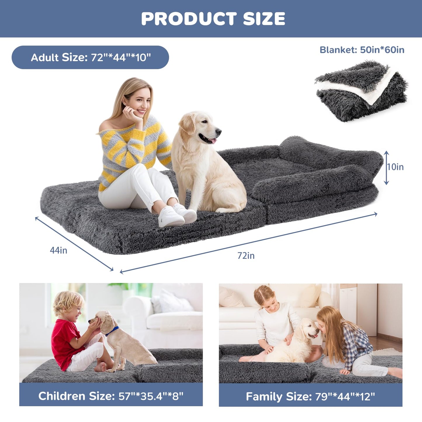 OtterOasis 72" Foldable Human Dog Bed for Adults, Fluffy Faux Fur with Blanket, Orthopedic Washable Dog Bed with Memory Foam and Water Repellent Liner Extra Large Thick for Pet