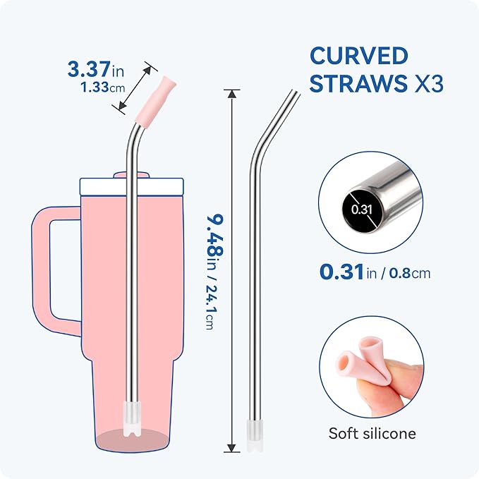 Reusable Stainless Steel Straws with Silicone Tip for Stanley 30oz, Metal Drinking Straws for 30oz Tumbler,3 Bent Tubes & 6 Tips& 1 Cleanr Brush (Tropical Teal)