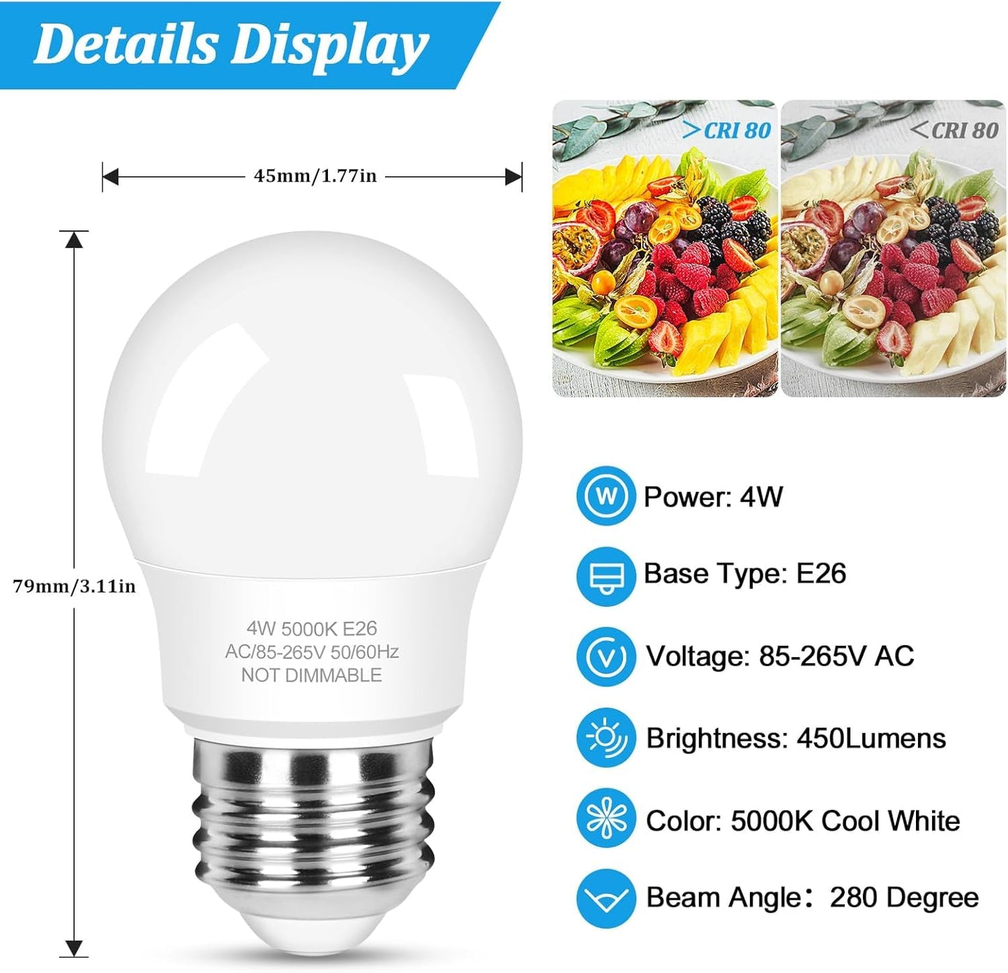 LED Refrigerator Light Bulb 40 Watt Equivalent, 120V Fridge Appliance Light Bulb 4W Daylight White 5000K, Waterproof A15 Fridge Light Bulbs 450LM, E26 Freezer Light Bulbs Non-dimmable, 2Packs