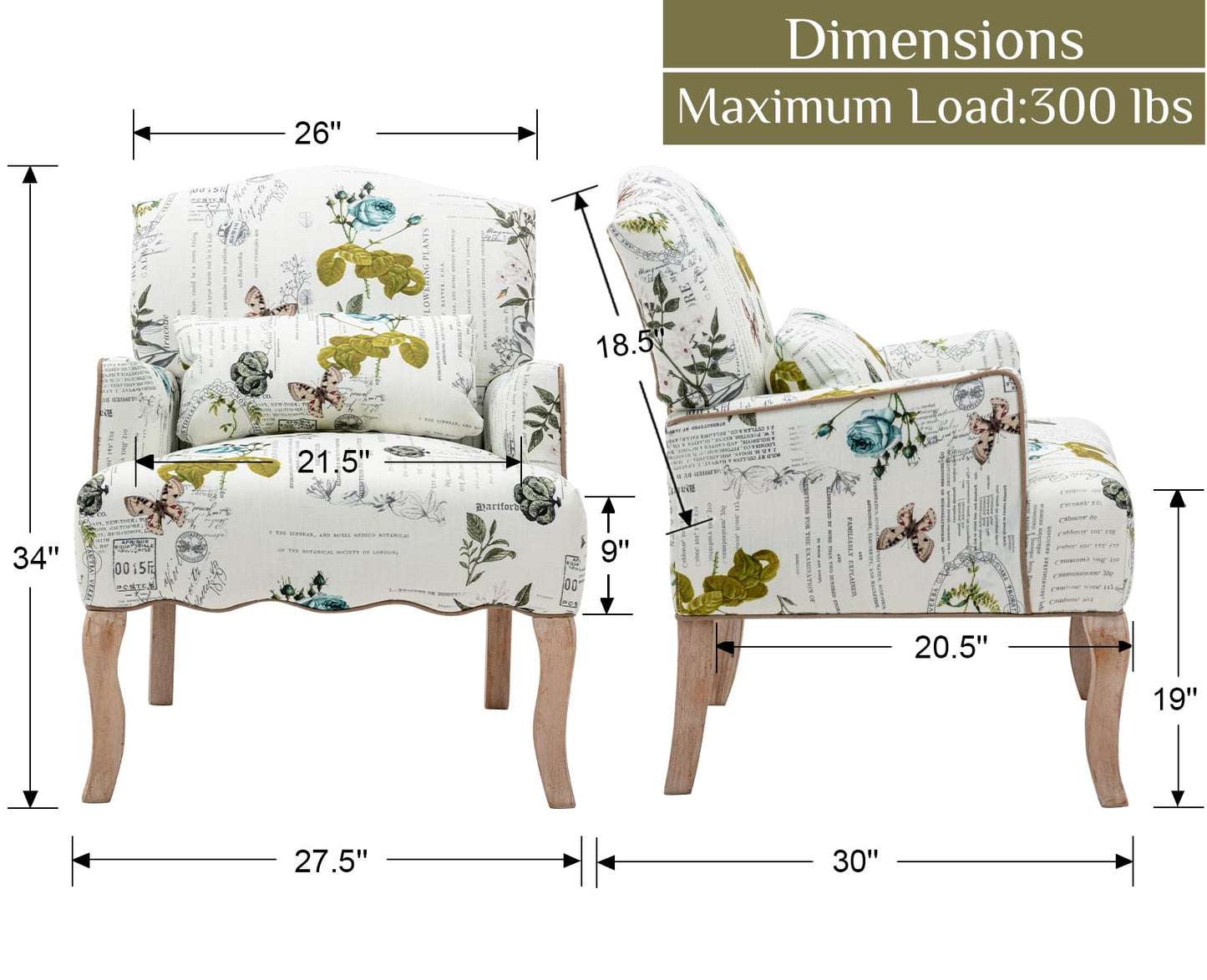 Shunzhi Mid Century Accent Chairs Set of 2Modern Floral Armchair Upholstered Reading Chair Comfy Linen Single Sofa Chair with Pillow for Bedroom/Living Room/Fireplace, Beige, Butterfly Pattern, 2PCS