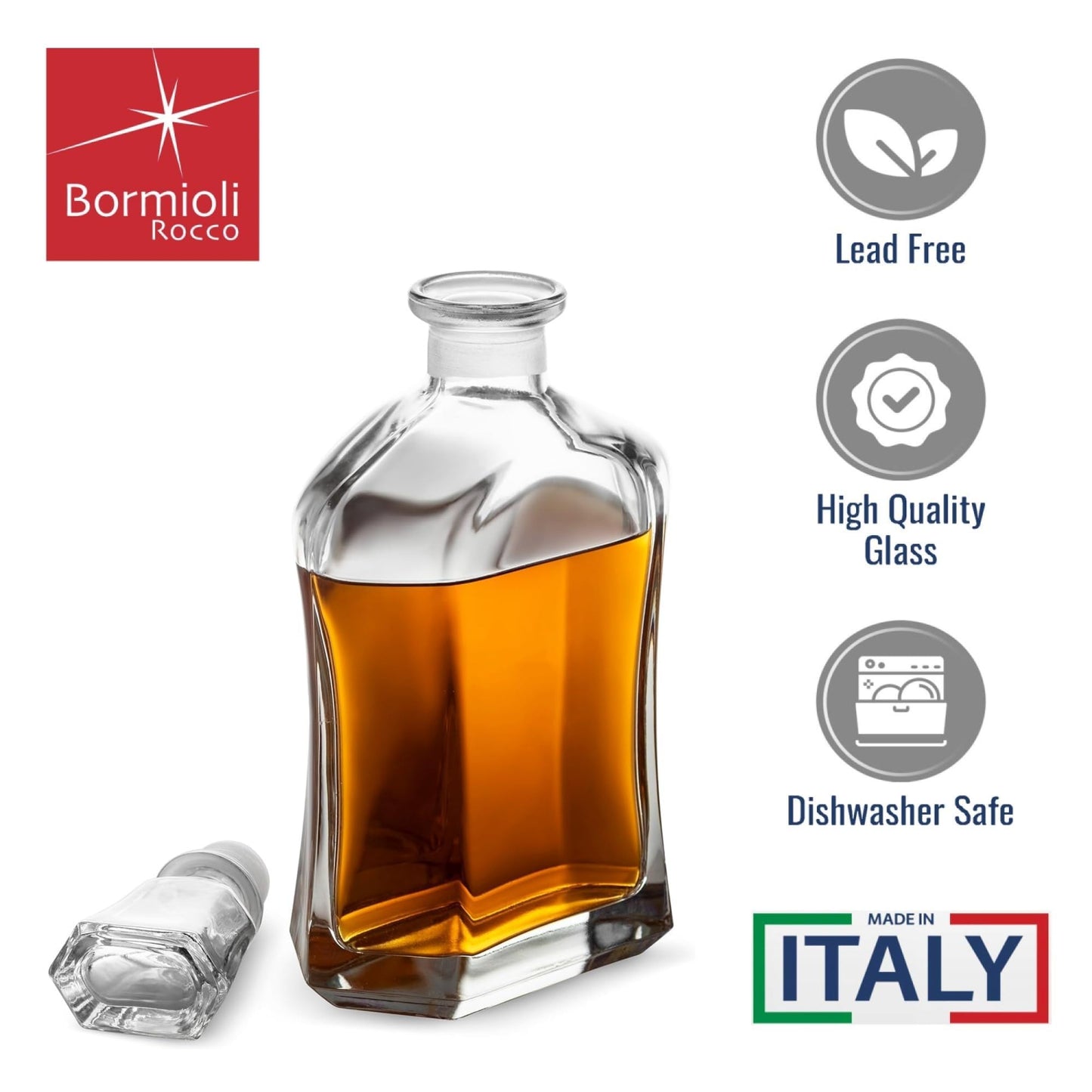 Bormioli Rocco Capitol Glass Decanter, Airtight Geometric Stopper, 23.75 oz Whiskey Decanter for Wine, Bourbon, Brandy, Liquor, Juice, Made in Italy.