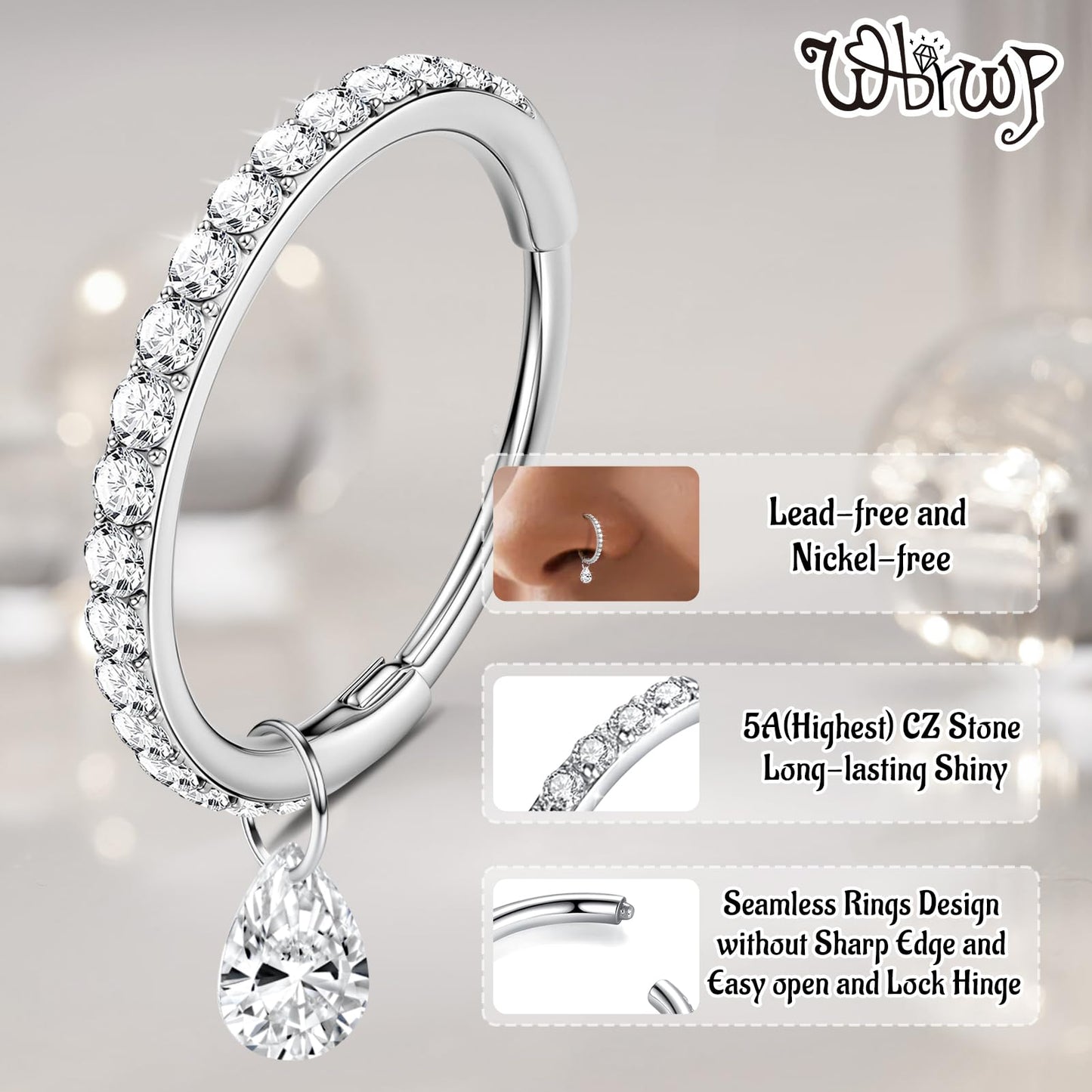 WBRWP 316L Stainless-Steel Hinged Nose Rings Hoop : Womens and Mens Ear Pierecing Dangle Ring with Zircon 18G(1.0mm) Septum Clic