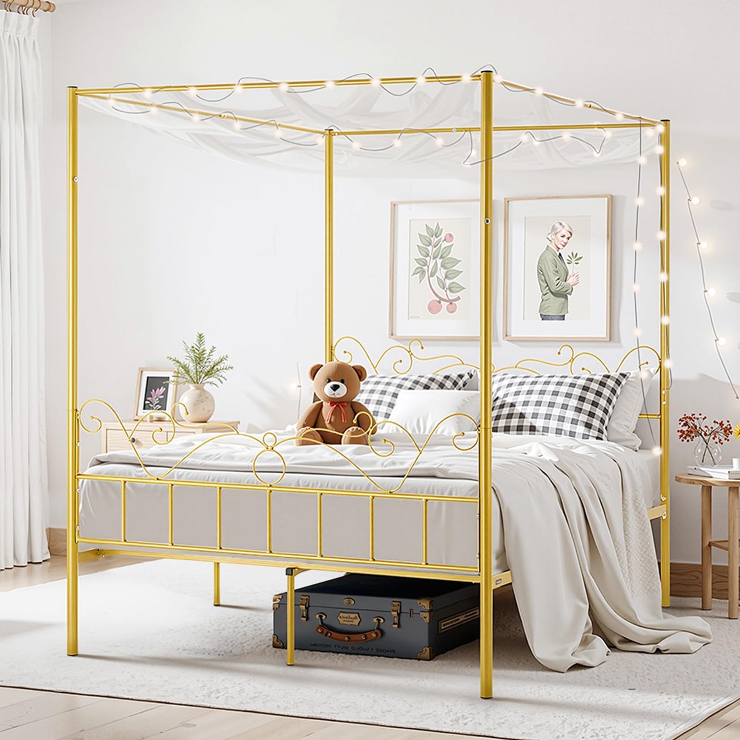 VEVOR Queen Size Canopy Bed Frame, Metal Canopy Bed with Minimalist Headboard & Four Posters Design, Heavy Duty Steel Slats Support, Underbed Storage Space, No Box Spring Needed, Easy Assembly, Gold